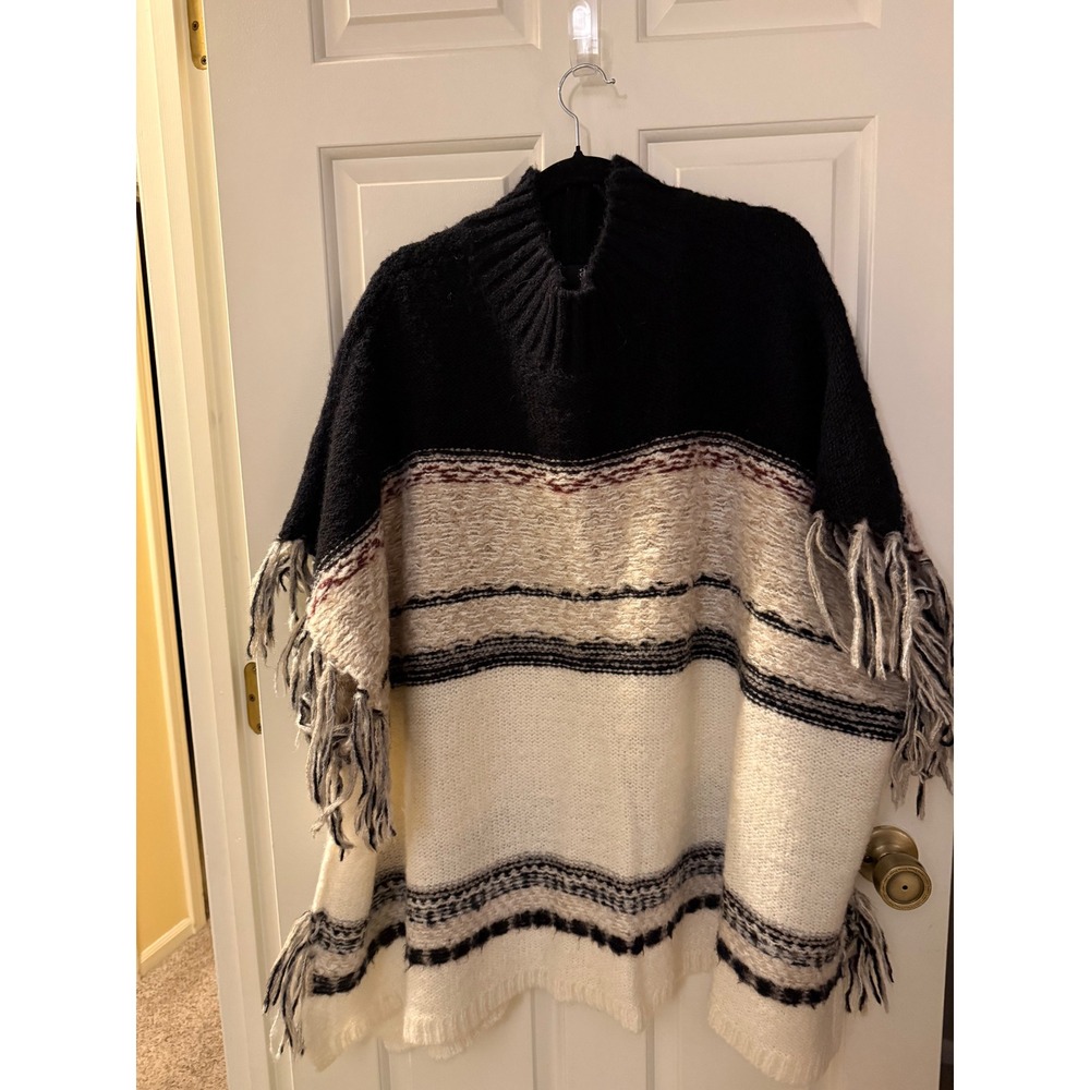 a.n.a A New Approach Women XL Black Cream Striped Fringe Mock Neck Knit Poncho